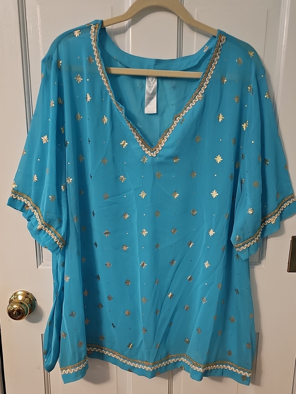 Blue Gold-Accented V-Neck Women’s Top